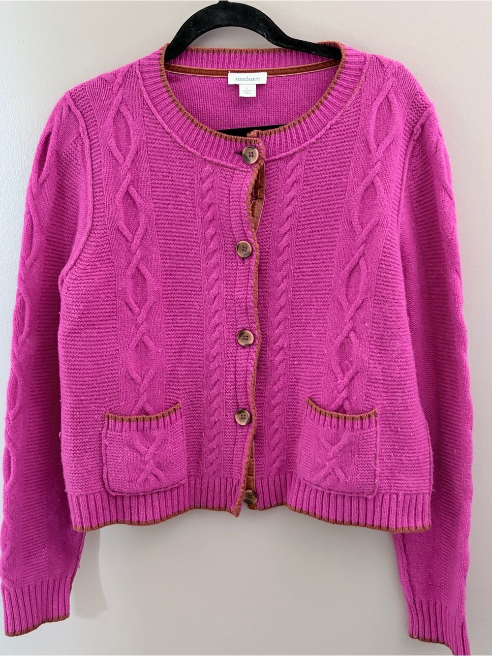 Sundance Womens Size L Pink 100% Wool Cable Knit Velvet Trim Cardigan Sweater